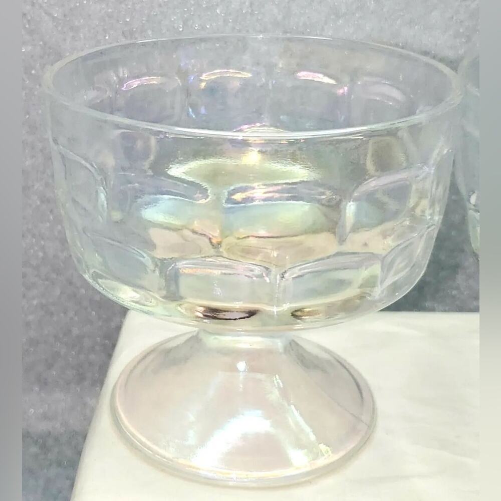 Vintage 4pc Aurora Iridescent Footed Dessert Cups Thumbprint Optic Federal Glass - Picture 2 of 9